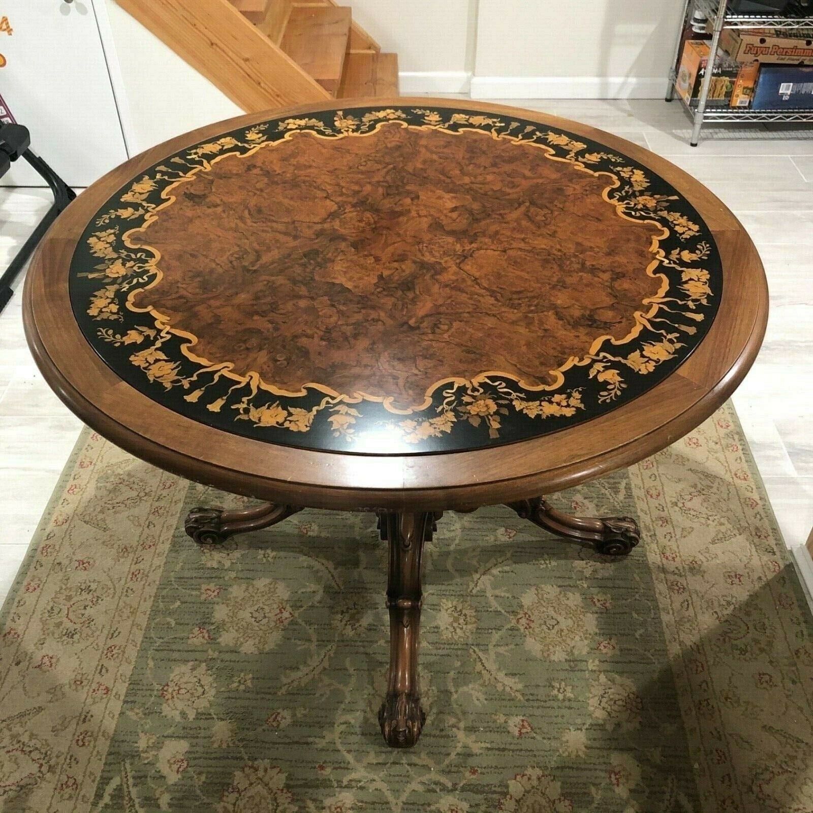 Antique carved wood dining game card  table Leather & Marquetry (reversible) WOW