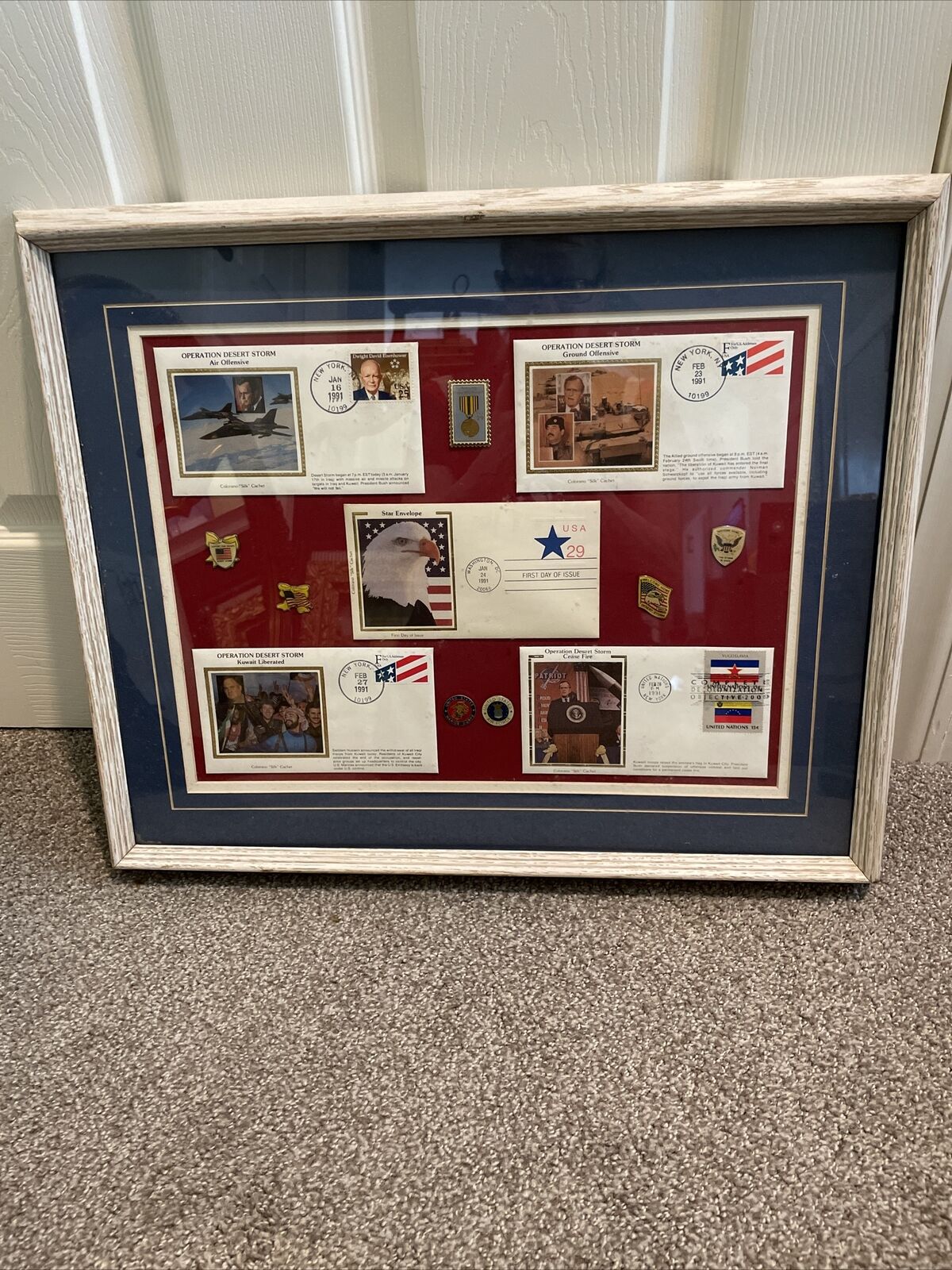 Operation Desert Storm Stamped Post Cards Military Pins Framed Triple Matting 