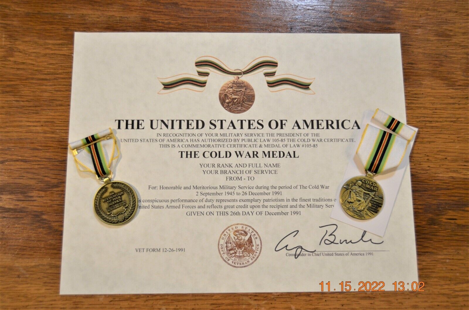 FULL SIZE COLD WAR VICTORY MEDAL/RIBBON & CERTIFICATE US ARMY USN USAF USMC USCG