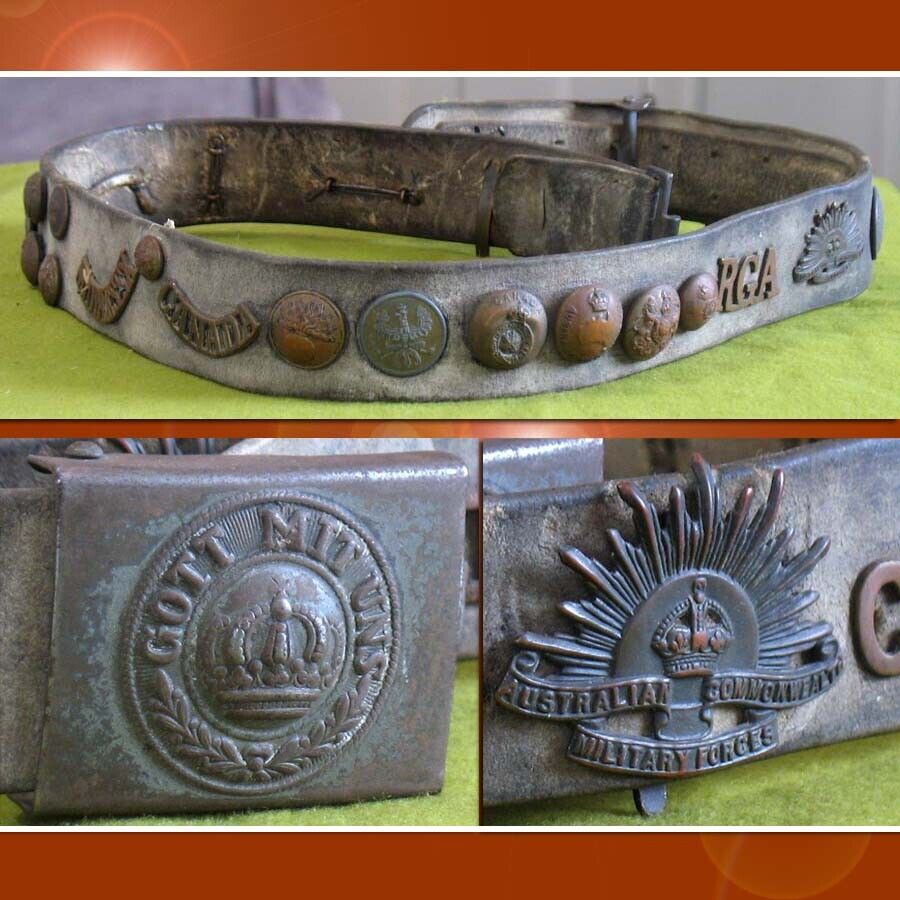 WWI Souvenir German Military Belt + Buckle w 25 Insignias German US AU CA GB FR