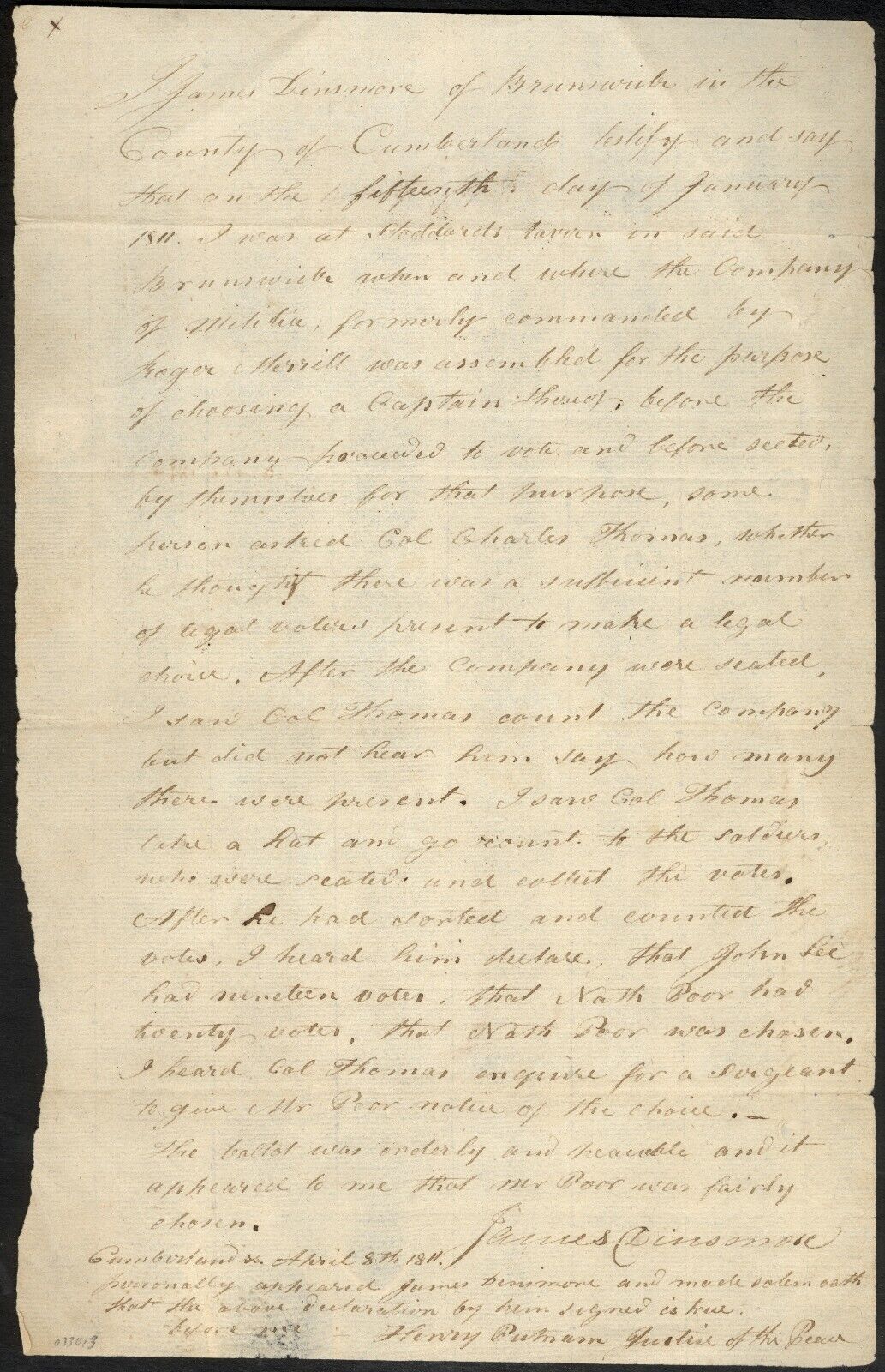 Unusual 1811 Manuscript Military Election – Brunswick, Cumberland County, Maine