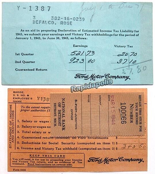 Original WW2 Ford Motor Company Female Employee Payroll Cards ~ 1943 & 1944